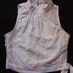 White Lace Crop Top High Neck Side Zipper and Bow Tie Size S